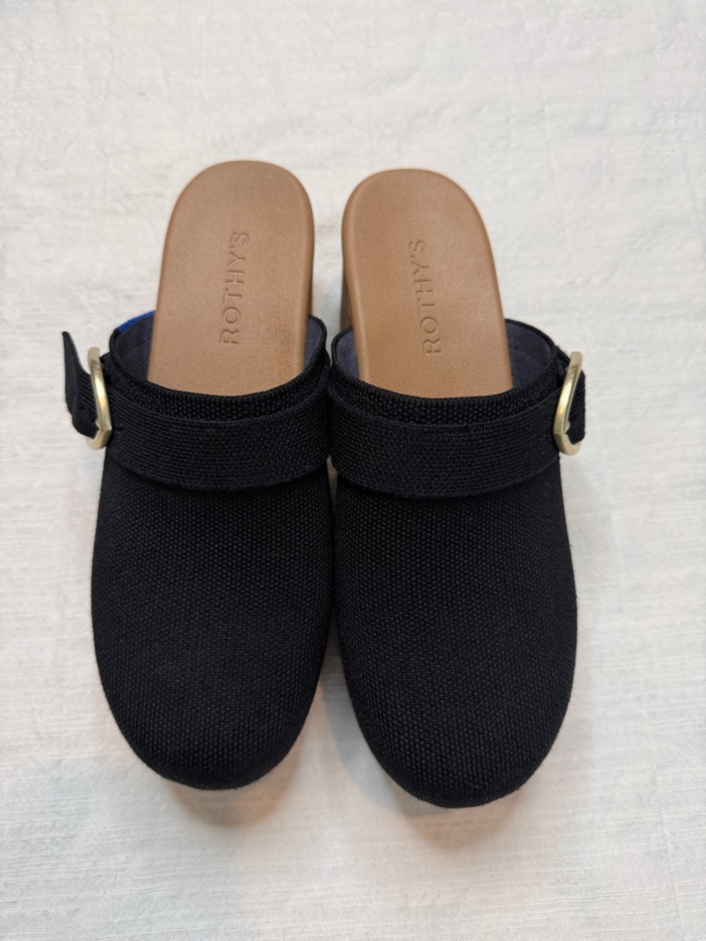 Rothy's Black Knit Mule Clogs with Gold Buckle
